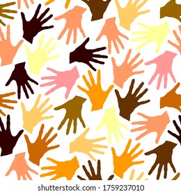 Seamless pattern with palm prints. Symbol of racial and national equality, friendship, happy childhood, world peace, unity of peoples and globalization