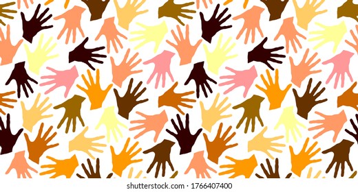 Seamless Pattern With Palm Prints. Symbol Of Racial And National Equality, Friendship, Happy Childhood, World Peace, Unity Of Peoples And Globalization