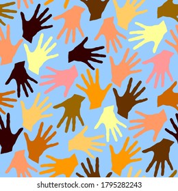 Seamless pattern with palm prints. Symbol of racial and national equality, friendship, happy childhood, world peace, unity of peoples and globalization