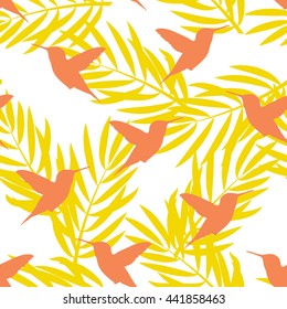 Seamless pattern with palm sheets and hummingbird. Vector background