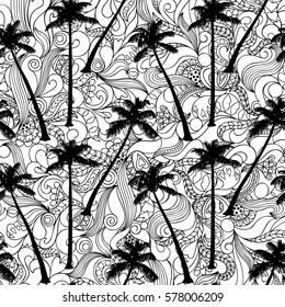 Seamless pattern of palm silhouette on tropical abstract doodle background. Natural textile print, wallpaper, coloring page.