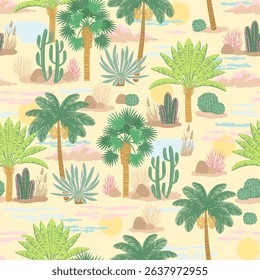 Seamless Pattern. Palm Springs California desert landscape. Elements of designs palm tree, cactus, cacti, sun, mountains, and Palm Springs desert landscape