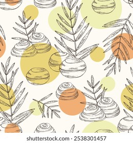 Seamless pattern with palm sugar: palm sugar, palm leaves. Vector hand drawn illustration.