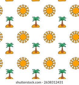 Seamless pattern with palm and sun on white background.
