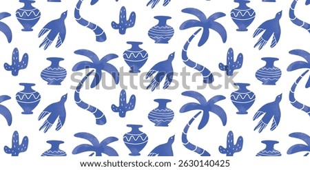 Seamless pattern with Palm Tree, Bird, Cactus, Ceramic Vase in blue Mediterranean style. Abstract summer elements on white background. Hand drawn flat vector illustration.