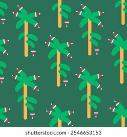 Seamless pattern with palm tree as Christmas tree in flat style in vector on dark background. Element for decoration postcards poster print background backdrop wrapping wallpaper banner