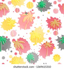 Seamless pattern of palm tree. Coconut palm tree on colorful blots. Pattern can be used for textile, fabric, gifwrap, wallpaper or graphic design.