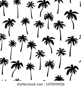 Seamless pattern of palm tree. Coconut palm tree silhouette isolated on white background. Pattern can be used for textile, fabric, gifwrap, wallpaper or graphic design.