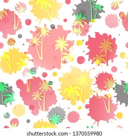 Seamless pattern of palm tree. Coconut palm tree on colorful blots. Pattern can be used for textile, fabric, gifwrap, wallpaper or graphic design.