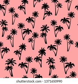 Seamless pattern of palm tree. Coconut palm tree on pink background. Pattern can be used for textile, fabric, gifwrap, wallpaper or graphic design.