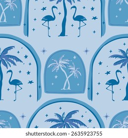 Seamless pattern of palm tree with flamingos, Romantic tropical starry night.