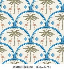 Padrão contínuo de palmeira com flamingos, ilustração de fundo tropical Vetor.