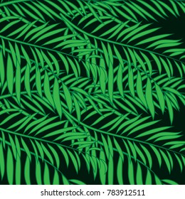 Seamless pattern with palm tree green leaves on dark background.