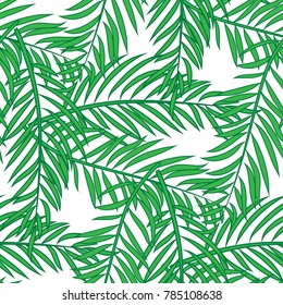 Seamless pattern with palm tree green leaves on white background.
