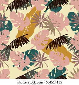Seamless pattern with palm tree leaves, branches. Natural background. Summer print, wallpaper