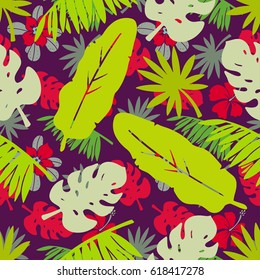 Seamless pattern with palm tree leaves, branches, hibiscus flowers. Natural background. Summer print, wallpaper