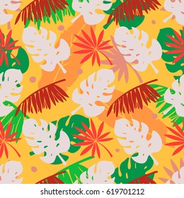 Seamless pattern with palm tree leaves, branches. Natural background. Summer print, wallpaper
