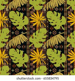 Seamless pattern with palm tree leaves. Ethnic background