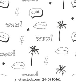 Seamless pattern with palm tree, lips, inscriptions and abstract objects, doodles. Black and white background in the style of the 90s.