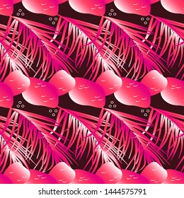 Seamless pattern palm tree, mango and coconut. Set of leaves of tropical plants and fruits in trendy neon pink colors. Vector illustration.