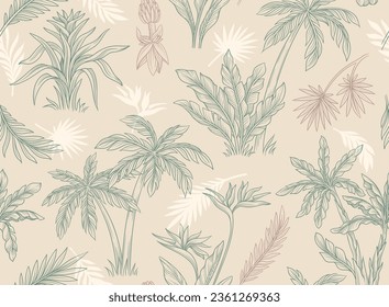 Seamless pattern with palm tree. Outline exotic ornament with tropical plants for wallpapers, packaging and wrap design. Repeating print with banana or coconut trees. Linear flat vector illustration