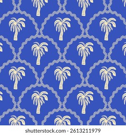 Seamless pattern with palm tree in retro style. Blue vintage tropical background. Vector.