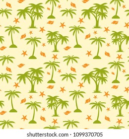 Seamless pattern, palm tree and seashells on beige background, vector