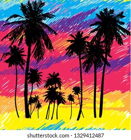 
Seamless pattern with palm trees against the sky. Bright multicolored background. Pop art drawing markers.