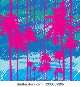 Seamless pattern with palm trees against the sky. Bright multicolored background. Pop art drawing markers.