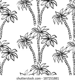 Seamless pattern, palm trees, black contours isolated on white background. Vector