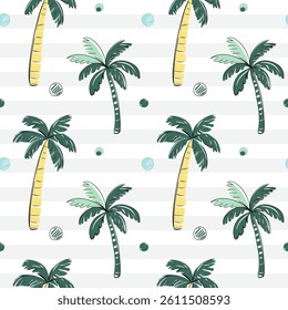 Seamless pattern with palm trees with black outline. Sketch, line art drawing style. Tropical backckground. 