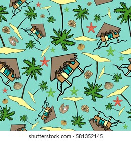 Seamless pattern with palm trees, bungalow, ocean and cockleshells