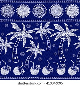 Seamless pattern with palm trees, coconut cocktails and decorative images of the sun. Summer vector background.