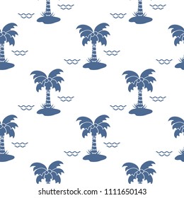 Seamless pattern with palm trees, coconuts and waves. Design for postcard, invitation, banner.