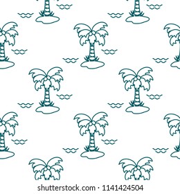 Seamless pattern with palm trees, coconuts and waves. Design for postcard, invitation, banner.