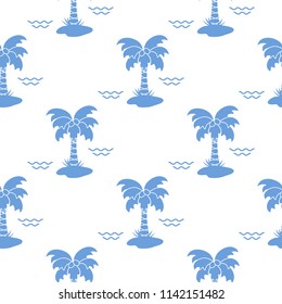Seamless pattern with palm trees, coconuts and waves. Design for postcard, invitation, banner.