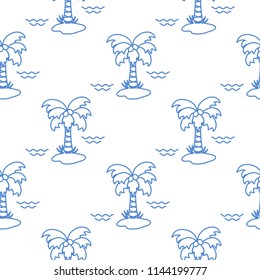Seamless pattern with palm trees, coconuts and waves. Design for postcard, invitation, banner.