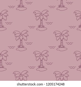 Seamless pattern with palm trees, coconuts and waves. Design for postcard, invitation, banner.