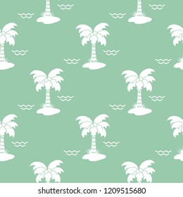 Seamless pattern with palm trees, coconuts and waves. Design for postcard, invitation, banner.