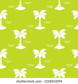 Seamless pattern with palm trees, coconuts and waves. Design for postcard, invitation, banner.
