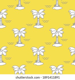 Seamless pattern with palm trees, coconuts and waves. Design for postcard, invitation, banner. Illuminating and Ultimate Gray.