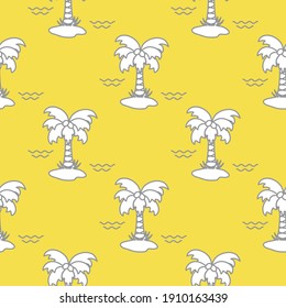 Seamless pattern with palm trees, coconuts and waves. Design for postcard, invitation, banner. Illuminating and Ultimate Gray.