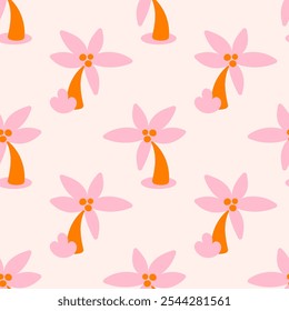 Patrón sin fisuras con palmeras. Diseño de fondo de los niños ingenuos rosados lindos de la muchacha para la tela, papel de embalaje, materia textil, Fondo de pantalla