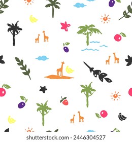 Seamless pattern with palm trees, fruits, beach, flowers, animals in vector, flat style.