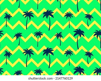 Seamless pattern with palm trees green color. Exotic summer tropical background. Palm trees design for printing on fabric, wrapping paper and banners. Vector illustration