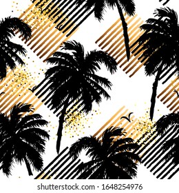 Seamless pattern with palm trees and hand drawn style stripes. Vector illustration.