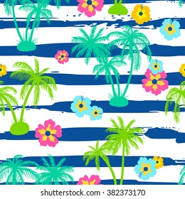Seamless pattern with palm trees and hibiscus flowers on a striped background.Vector illustration.