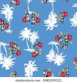 Seamless pattern with palm trees and hula dancers,,