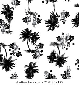 Seamless pattern with palm trees and hula dancers,,