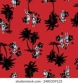 Seamless pattern with palm trees and hula dancers,,